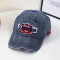 Casquette de baseball rétro en coton délavé style urbain avec broderies et détails d'usure - Bleu marine