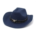 Dark blue straw cowboy hat with ethnic band and silver bull skull ornament - One Size / Navy Blue
