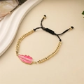 Adjustable gold bead bracelet with pink enamel leaf charm and zircon inlay - Rose Red