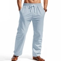 Detail of light blue vertical striped linen trousers with adjustable drawstring waistband - S / Light Blue