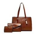 Set di tre borse marroni con motivo a coccodrillo composto da tote, pochette e portafoglio - Marrone