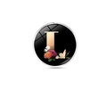 Silver round badge with letter L and floral pattern against a black background - Letter L