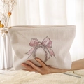 Corduroy makeup bag with pink bow and baseball print in elegant cream color finish - Beige Pink Bow Baseball (MR374006)