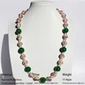 Handmade beaded necklace with green leopard and pink floral glass beads, 50cm long - Handmade Lampwork Mid-length Necklace / Vintage Pastoral Floral