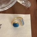 Minimalist gold open ring with emerald blue round stone and grey rectangular gemstone - Adjustable Open / Blue and Grey Round-Square Stone Style (J2583)