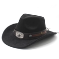 Detail of black cowboy hat featuring a leather band with silver bull head and star conchos - M (56-58cm) / Black