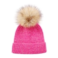 Close-up of rose pink ribbed knit beanie with a fluffy brown faux fur pom-pom detail - Size S (0-3 Years) / Rose Red and White