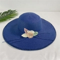 Detail of navy blue straw hat with lace edges and floral embroidery for sun protection - M(56-58cm) With Windproof Rope / Navy Blue