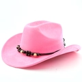 Detailed view of pink suede western cowboy hat with ethnic style wooden beaded band - M(56-58cm) / Magenta