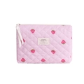 Pink quilted strawberry cosmetic bag with grid pattern and ribbon zipper pull - Pink Strawberry Octagonal Bag
