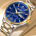 Luminous dual calendar quartz watch with blue dial and two-tone steel bracelet - Gold Steel Band Blue Dial