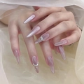 Detail of luxury press-on nails with sparkling glitter and rhinestone chain decoration - By1575 Distant Mountain Hibiscus / Glue Type