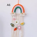 Detail of handmade woven rainbow wall hanging with crochet fruits and lace ribbons - Orange Pink Silver Green Rainbow Style (A6)
