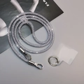 Sparkling grey mesh crossbody phone lanyard with dual metal hooks and clear connector pad - Crossbody Style [Grey] Mesh Rhinestone Lanyard + Silver Round Buckle + Semi-Transparent Patch