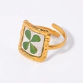 Anillo de sello cuadrado dorado con trébol de cuatro hojas real y especificaciones - Estilo Trébol de Cuatro Hojas (JDRW2403019)