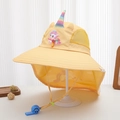 Detailed view of yellow unicorn sun hat with mesh panels and adjustable whistle strap - 54cm (3-8 Years) / Yellow
