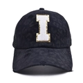 Detail of black leopard print baseball cap with chenille letter I and glitter embroidery - Letter I Style (I-漏洞马尾棒球帽)