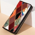 Portefeuille femme en cuir rouge et orange avec textures crocodile et serpent et zip doré - Portefeuille Zippé Patchwork de Diamants Colorés 1007