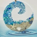 Detailed sea glass suncatcher featuring ocean waves, real starfish and beach shells art - Ocean Wave Style / 5cm