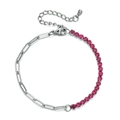 Detailed view of 3mm silver paperclip and pink crystal tennis chain bracelet - Deep Pink