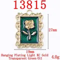 Vintage rose embossed relief charm in gold and dark green, 27mm x 19mm size - 13815-KC Gold Plated-Transparent Green Enamel Rose