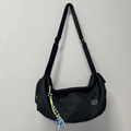 Black crescent nylon gym bag with adjustable strap and checkered neon cord charm - Black + Green Lanyard