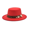 Sombrero de lana rojo de copa plana con cinta de leopardo y detalles de perlas blancas - M(56-58cm) / Rojo