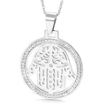 Silver hollow Hamsa Hand necklace pendant with sparkling white crystals in a round frame - Silver Hollow Hamsa Hand (KP46071-K)