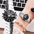 Elegant silver quartz watch with black dial and matching rose gold bangle set - Silver Band Black Dial