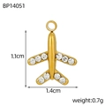Golden airplane pendant with white zircons for jewelry making, 1.4cm by 1.1cm size - Gold Airplane With White Crystals (BP1405D1)