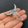 Iridescent bull head pendant with silver metal horns for DIY necklace jewelry making - No.19 Holographic Clear with Silver Horns