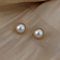 Elegant gold pearl stud earrings with textured border on champagne velvet background - 9# Pearl Studs