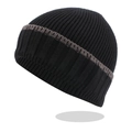 Detail of black ribbed knit beanie with brown stripes and thick warm texture - Black