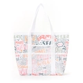 Große weiße Strandtasche aus Mesh mit Ozean-Graffiti-Print und vorderen Netztaschen - Schriftzugprint
