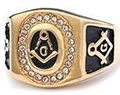 Detailed macro view of a gold Masonic ring featuring square and compass symbols with rhinestones - US 7 / Gold Square Masonic Rhinestone Band (20105) / Gold Rhinestone (20105)