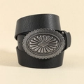 Retro black leather belt with a vintage engraved oval silver alloy buckle for women - Style 19693 / Small (101cm) / Silver Black