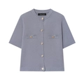 Close-up of blue short-sleeved knit cardigan with gold buttons and pocket details - XS / Tops / Space Gray