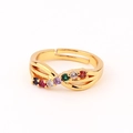 Adjustable gold plated ring featuring a rainbow of seven colorful cubic zirconia stones - Crisscross Rainbow Round Zirconia (Style 5)