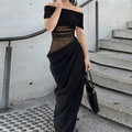 Elegant black off-the-shoulder maxi dress with sheer mesh waist and asymmetrical hem - S / Black