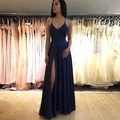 Elegant navy blue V-neck evening gown with high slit and satin finish long dress - Navy Blue
