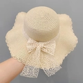 Beige straw sun hat with wavy brim and white lace ribbon bow for summer beach style - Beige Lace Bow Style