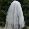 Short bridal veil with multi-layered white tulle and delicate pearls for weddings - Full Pearl Rhinestone Veil
