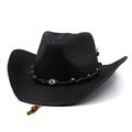 Detail van zwarte strooien cowboyhoed met blauw boze oog bedeltje en gevlochten band versiering - M(56-58cm) / Zwart