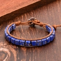 Bohemian imperial stone bracelet with blue square beads and brown leather cord - Lapis Lazuli Bracelet-5