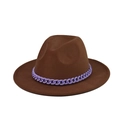 Detail of a brown wool fedora hat featuring a bold purple chain link band decoration - Deep Brown(12)