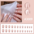 French style pearlescent pink press-on nails with white flower patterns, 24 piece set - A3009 (Glue Style)