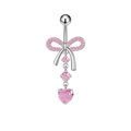 Piercing de ombligo plateado con colgante de corazón de circón rosa y lazo - Plateado - Strass Rosa