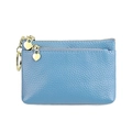 Blue genuine leather coin purse with double heart-shaped zippers and key ring - Light Blue