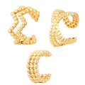 Golden beaded C-shaped ear cuffs set with double and triple layer metal textures - 3 Piece Set / Gold
