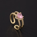 Bague ajustable dorée avec zircon rose en forme de cœur et design à double anneau - Style Coeur Double Rangée